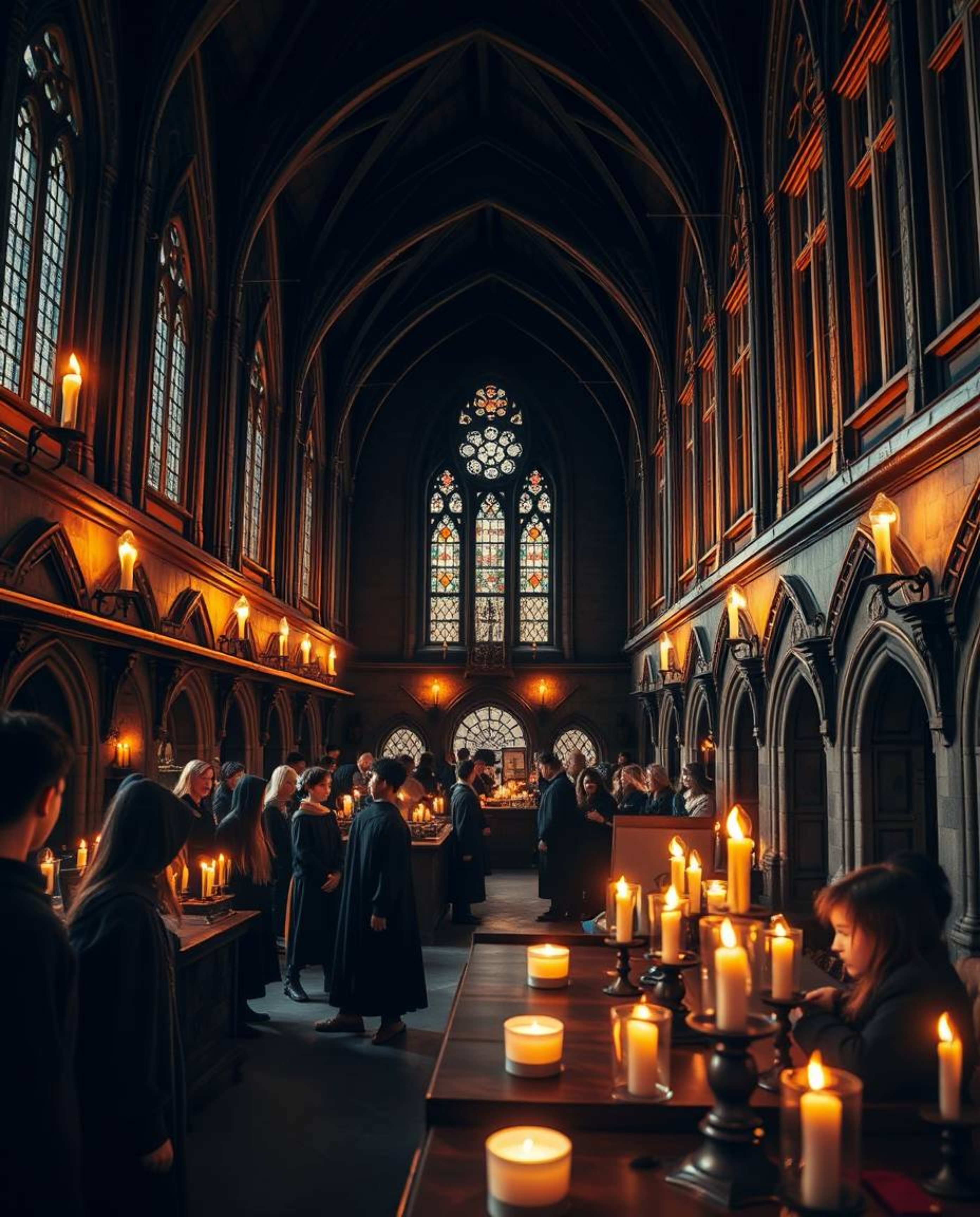 Capture the enchanting essence of a magical school through precise architectural color photography. Witness young wizards bat