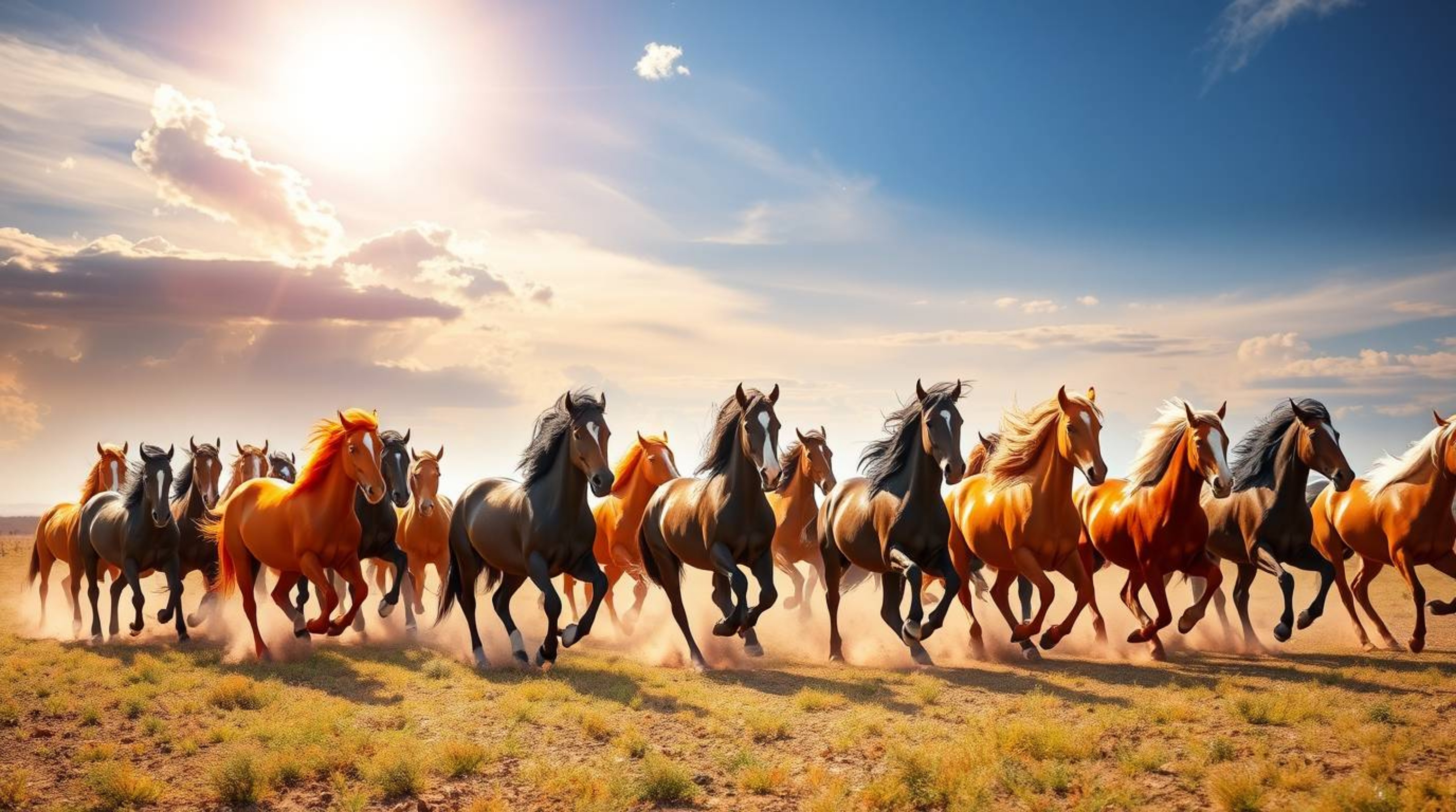 A captivating digital artwork showcases a vibrant herd of wild horses running freely under a breathtaking glowing sky.  The p