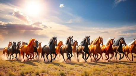 A captivating digital artwork showcases a vibrant herd of wild horses running freely under a breathtaking glowing sky.  The p