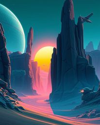 A futuristic sci-fi scene depicts a sunset illuminating sandstone cliffs in a canyon. The artwork is characterized by a cool 