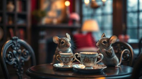 Step into a world of whimsical elegance with this depiction of anthropomorphic mice enjoying a refined tea party within the c