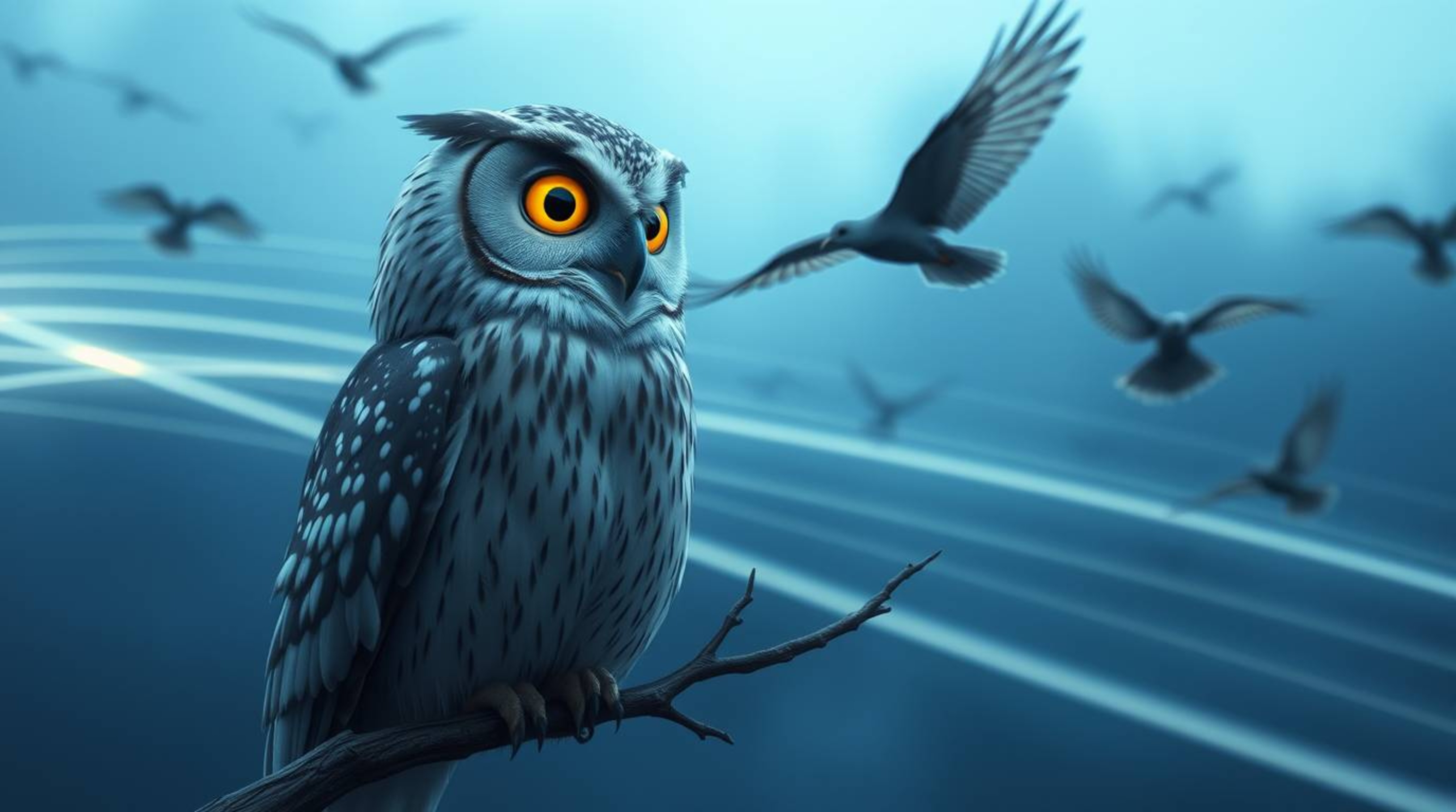 In a captivating Pixar-style image, a blind owl, rendered with soft, detailed feathers, proudly watches the birds it teaches 