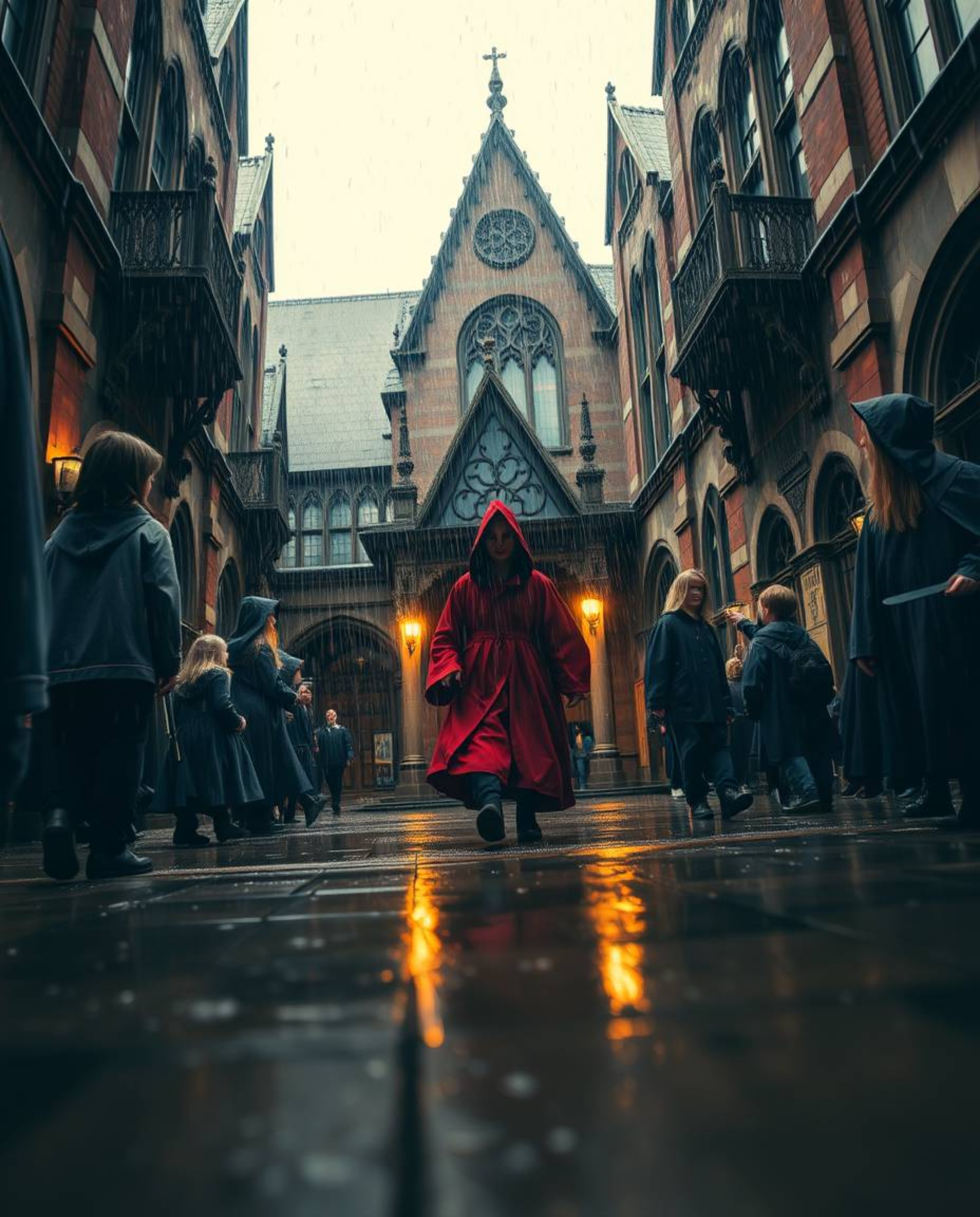 Experience a mesmerizing scene from a magical school filled with young wizards, captured from a low-angle perspective during