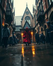 Experience a mesmerizing scene from a magical school filled with young wizards, captured from a low-angle perspective during