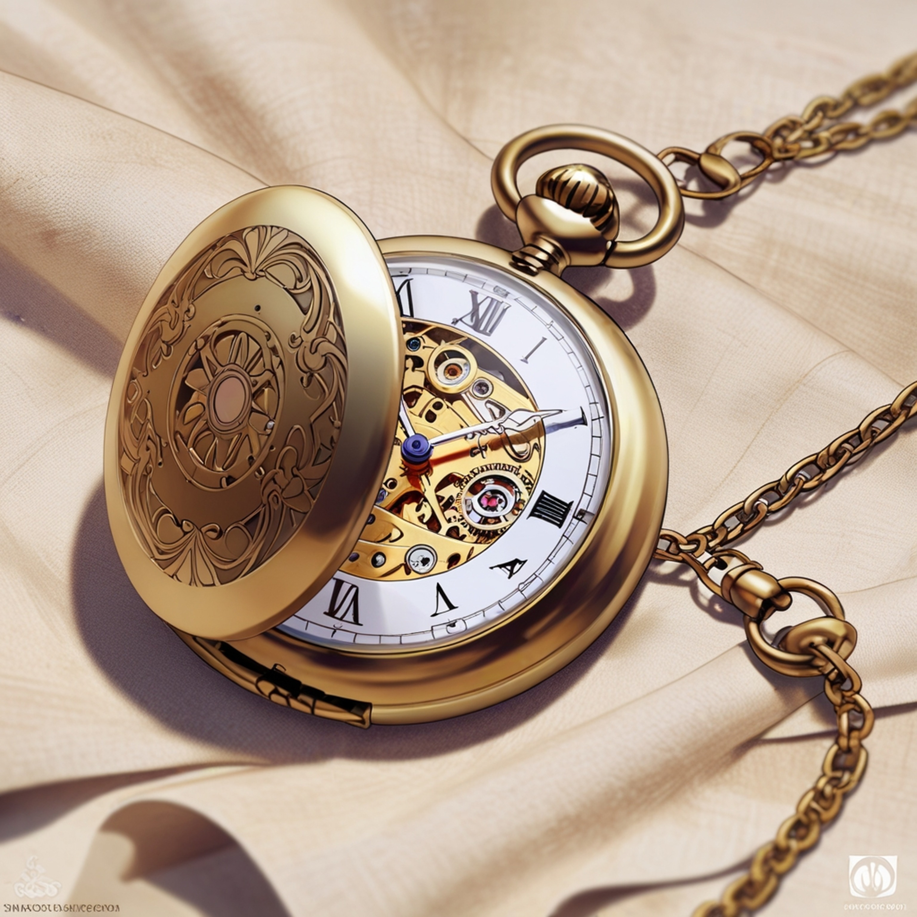 This image features a beautifully polished brass pocket watch, open to reveal its intricate engravings. The watch rests delic