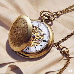 This image features a beautifully polished brass pocket watch, open to reveal its intricate engravings. The watch rests delic