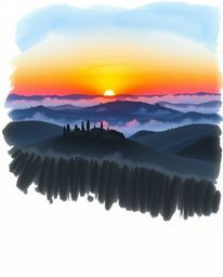 This is a color sketchnote featuring a hand-drawn sketch of a Tuscany sunset over misty, rolling hills. The artwork employs c