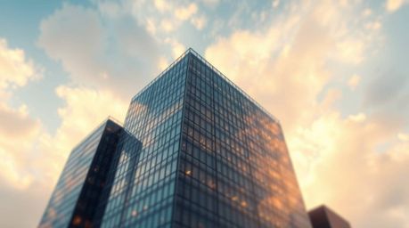 A striking image of a modern glass building seamlessly dissolving into a soft, cloudy sky, capturing the essence of ambition 