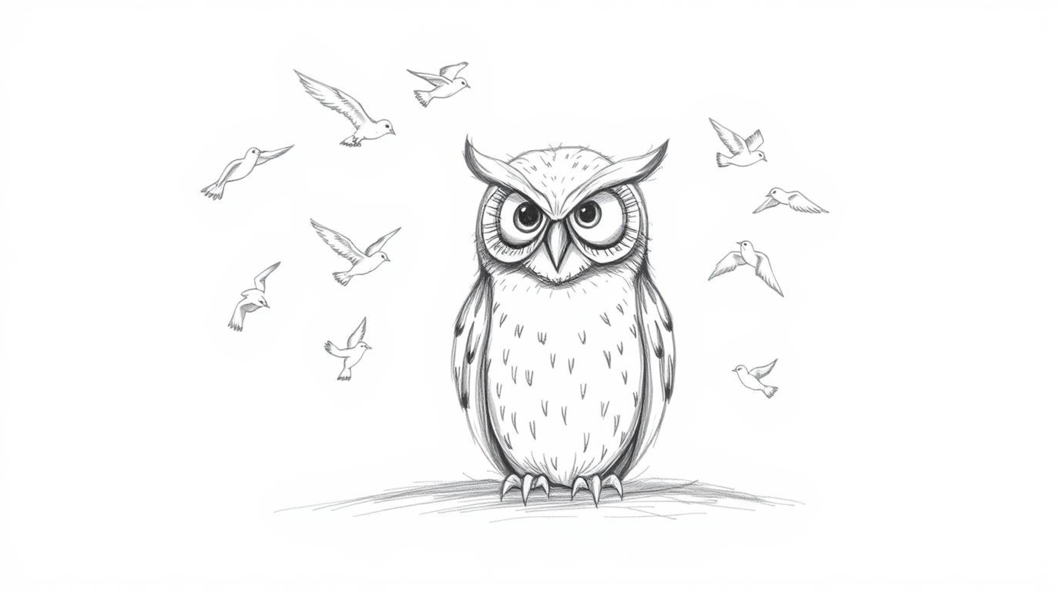 A serene, hand-drawn pencil sketch depicts a blind owl, styled in the manner of a Pixar character, sitting calmly amidst a fl