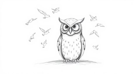 A serene, hand-drawn pencil sketch depicts a blind owl, styled in the manner of a Pixar character, sitting calmly amidst a fl