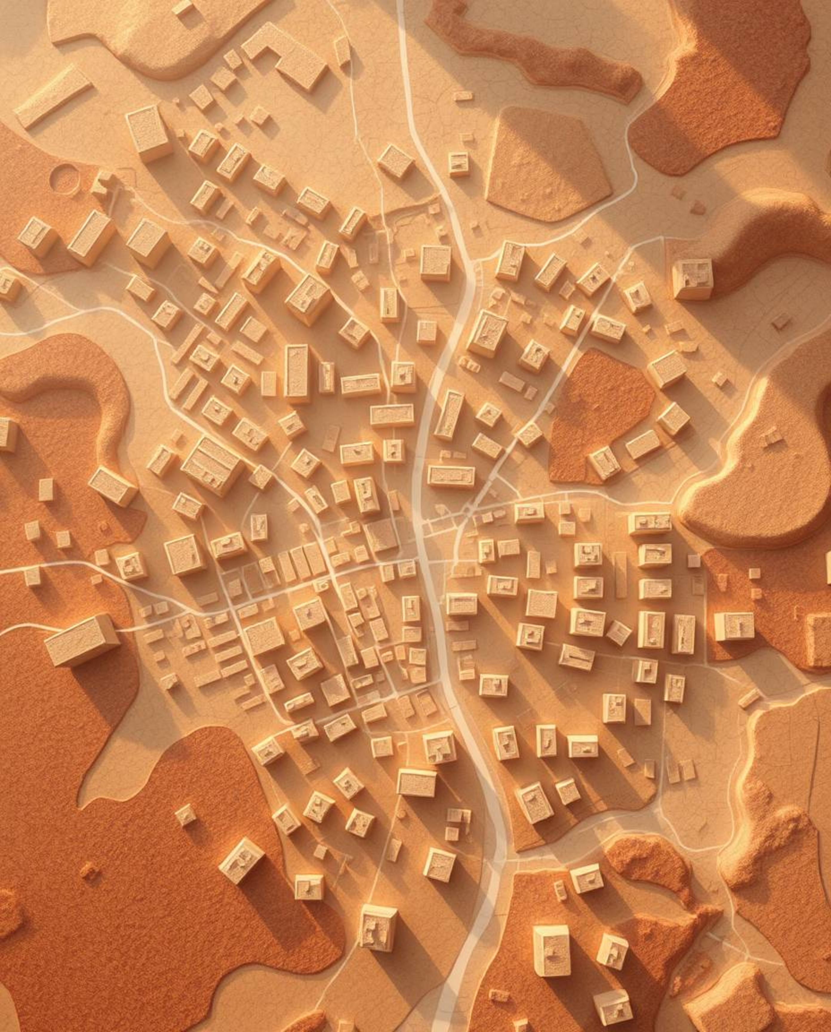 A captivating abstract city map rendered in soft, dreamy earth tones. Geometric shapes create a unique cityscape viewed from