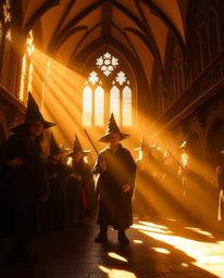 Experience the enchanting atmosphere of a magical school bathed in warm, golden light, where young wizards hone their skills.
