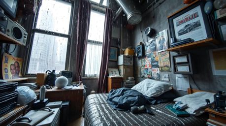 A captivating architectural color photograph depicting a messy bedroom scene under a drizzling rain.  Sharp lines and detaile