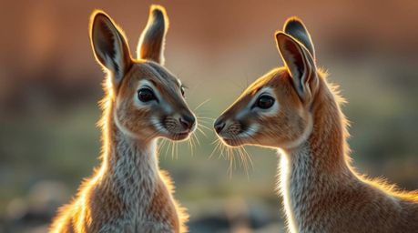 Experience the magic of golden hour as soft light bathes two graceful and elegant talking animals getting into mischief.  Cap