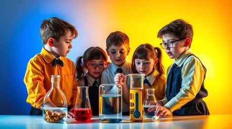 A vibrant and dramatic scene featuring a group of quirky children in school uniforms engaged in exciting experiments. The ima