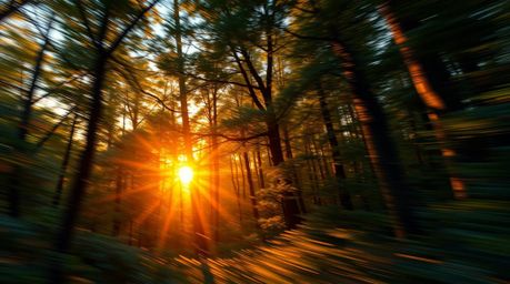 A captivating digital painting showcases a dense forest bathed in the warm glow of a sunset.  Rendered with dynamic motion, b