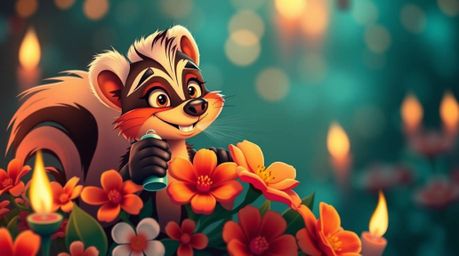 A whimsical cartoon skunk with captivating eyes and a playful grin is captured in a moment of mischievousness, spraying perfu