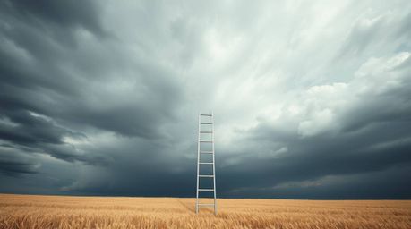 High-resolution stock photo capturing a minimalist scene of a silver ladder in an open field beneath a cloudy sky.  This imag