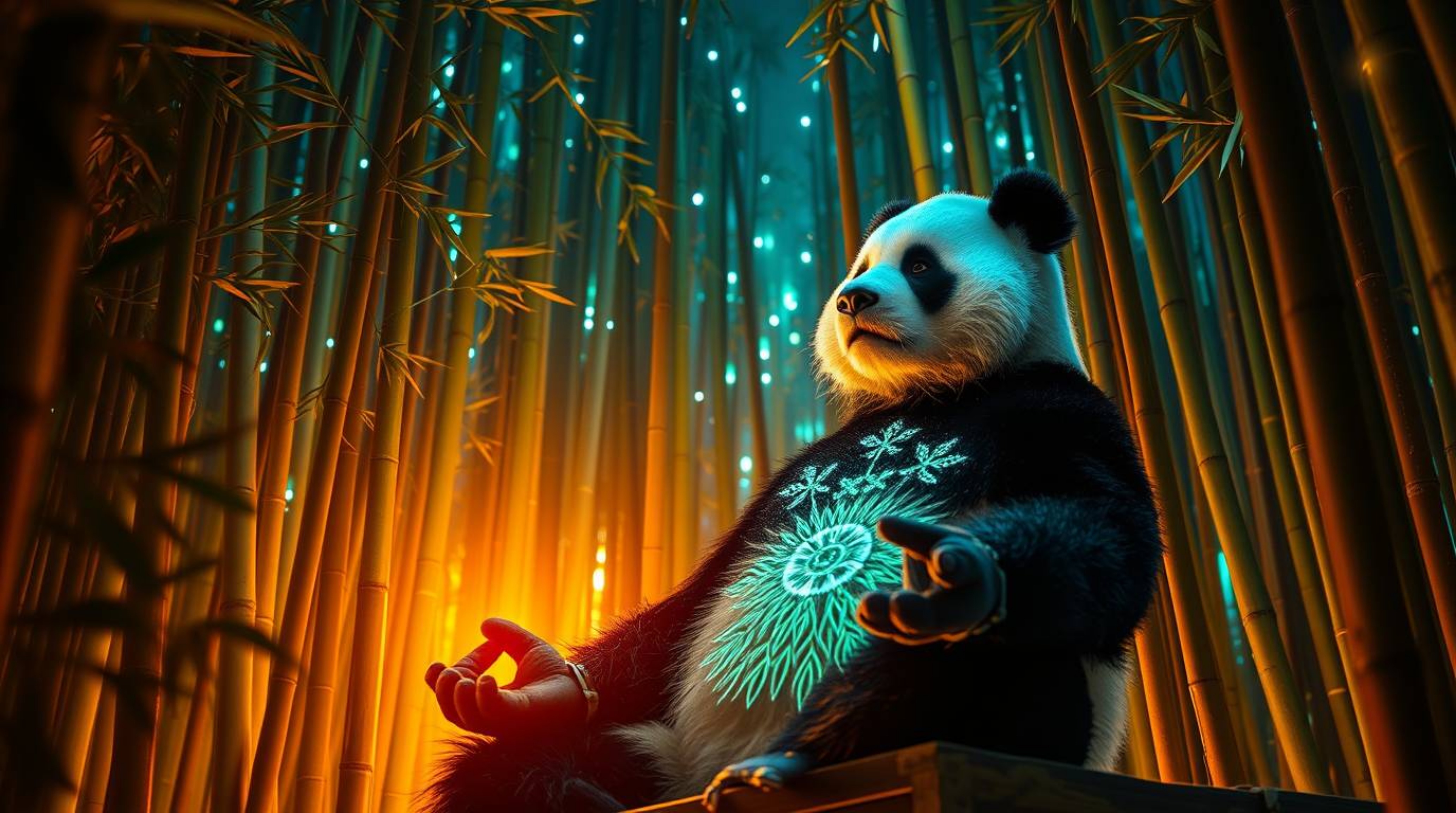 A captivating scene portrays a martial artist panda in deep meditation within a bamboo forest, radiating with bioluminescent 