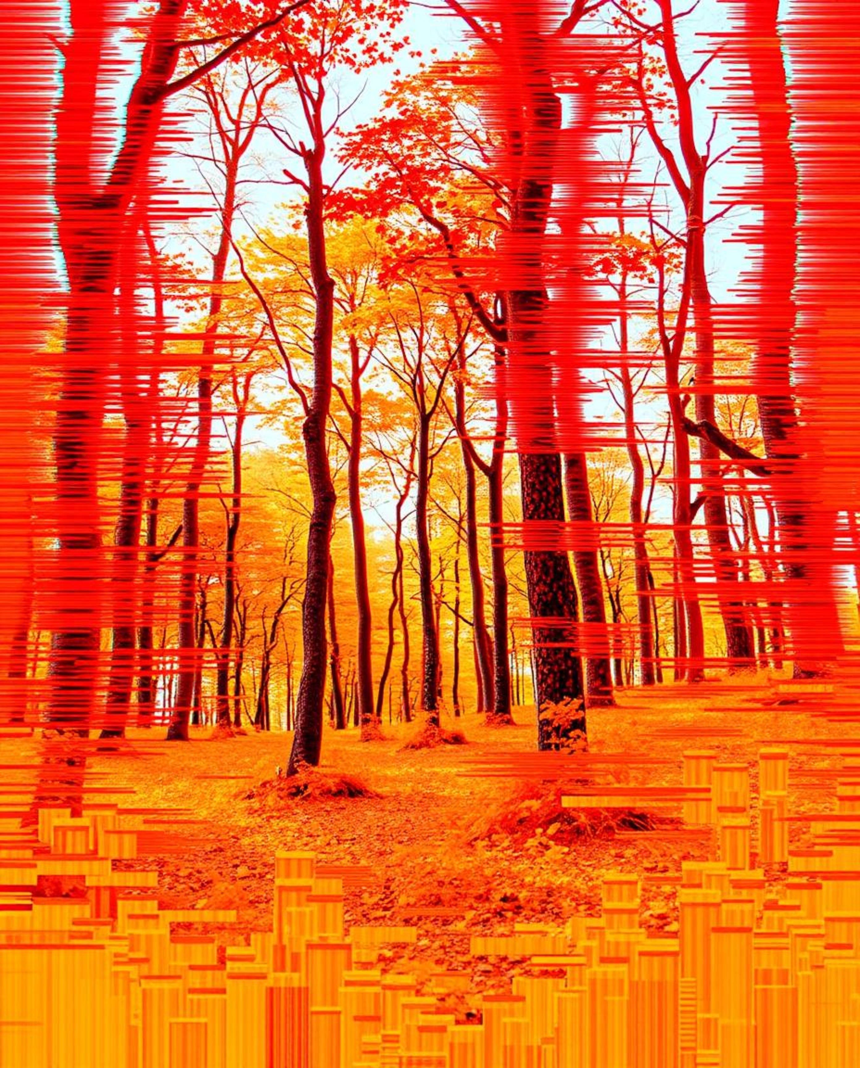 A captivating digital glitch effect disrupts the tranquility of a natural forest scene, forming a compelling and surreal cont