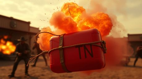 Experience a classic exploding TNT gag in the wild west, captured in a tight close-up shot. The image features a smooth gradi