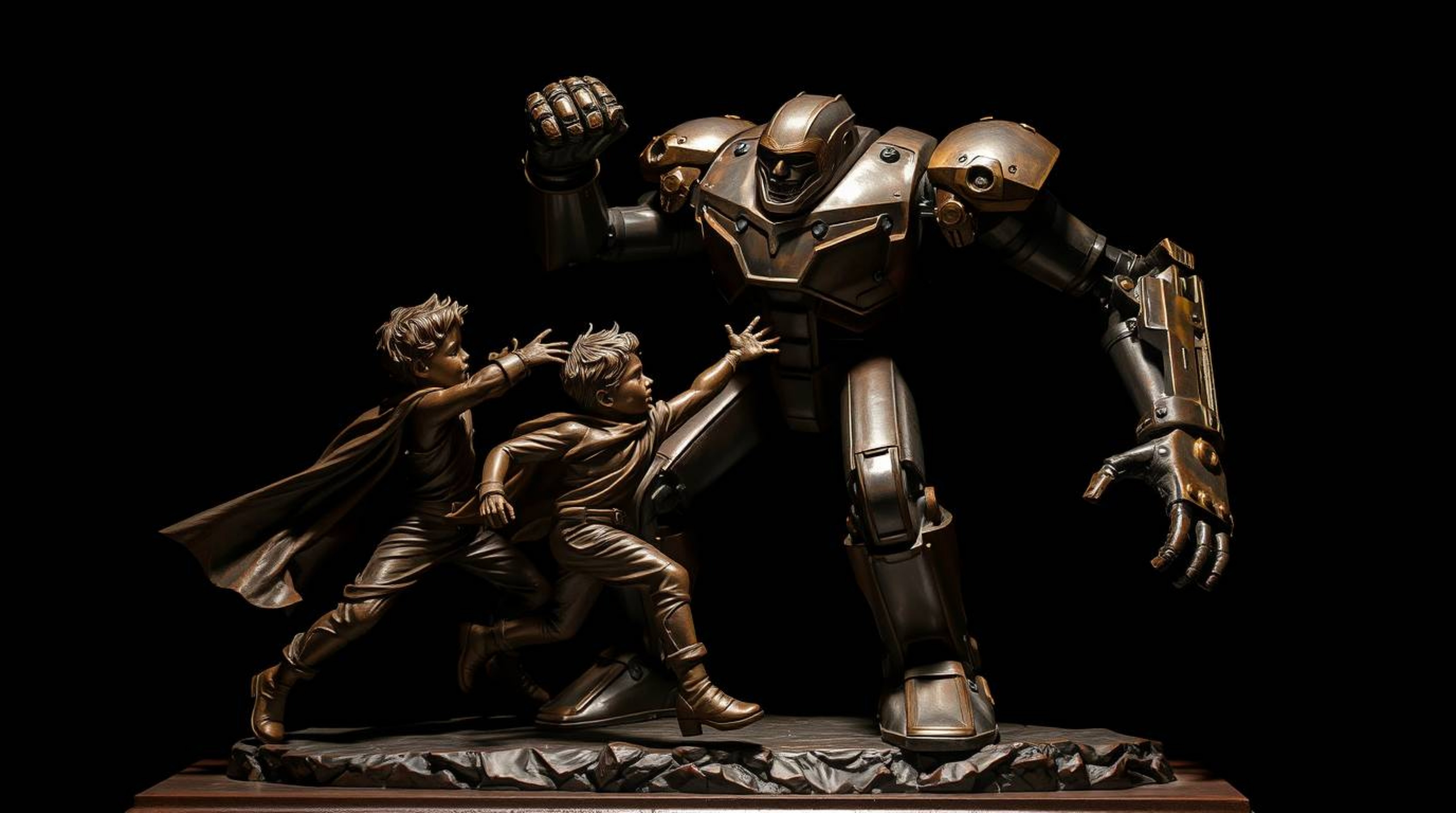 A stunning cast bronze sculpture depicts three superpowered children locked in an epic battle against a formidable robot. The
