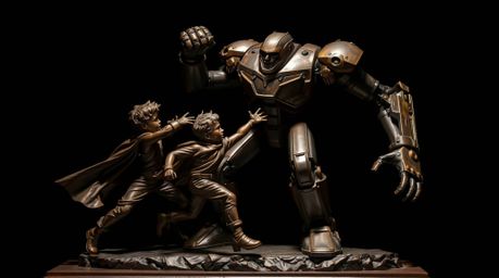 A stunning cast bronze sculpture depicts three superpowered children locked in an epic battle against a formidable robot. The