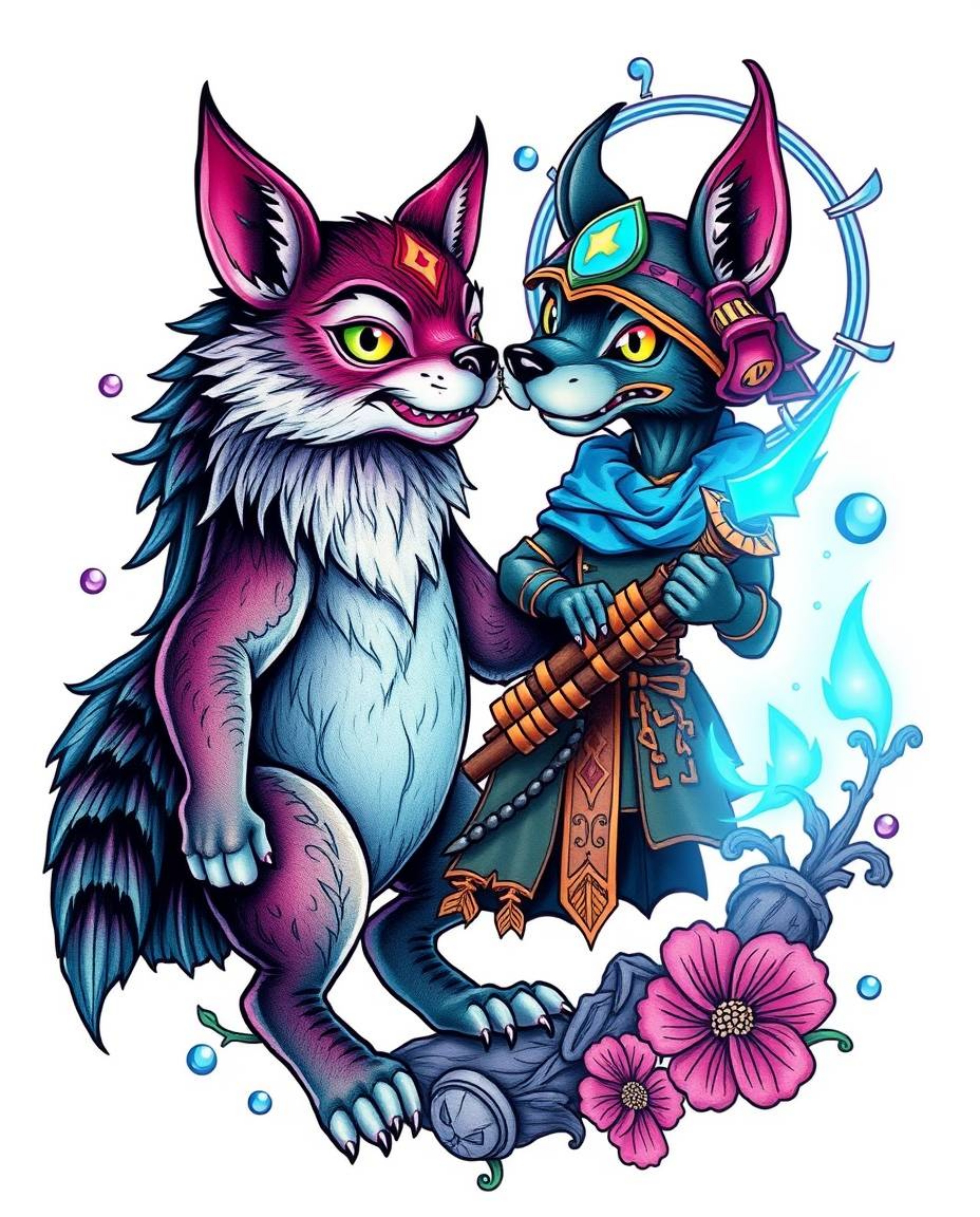 A stunning traditional tattoo art print showcases a talking animal sidekick assisting a hero on their epic quest.  The design