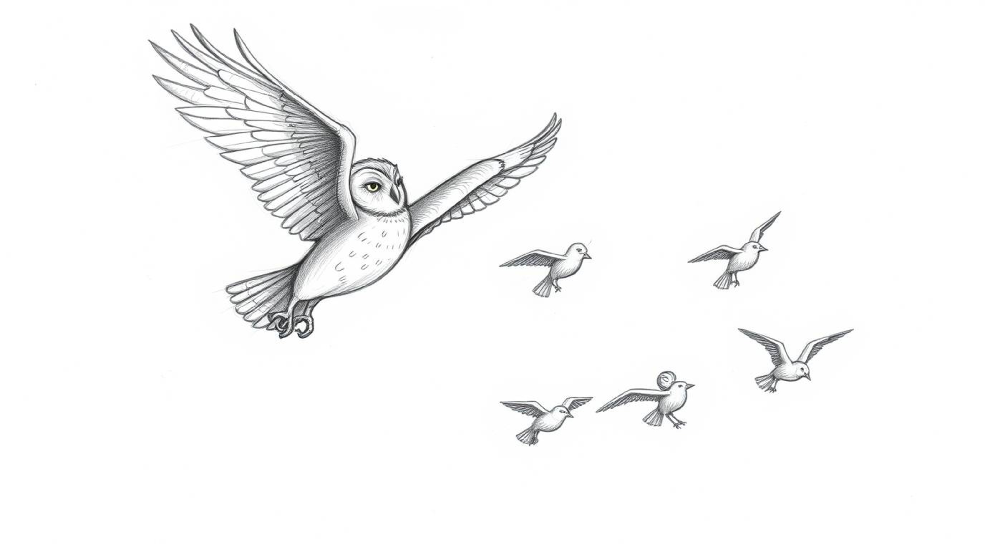 A hand-drawn sketch reminiscent of Pixar showcases a unique scene: a blind owl mid-flight, guiding several birds in their fly