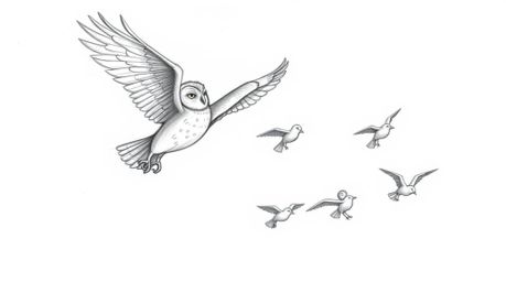 A hand-drawn sketch reminiscent of Pixar showcases a unique scene: a blind owl mid-flight, guiding several birds in their fly