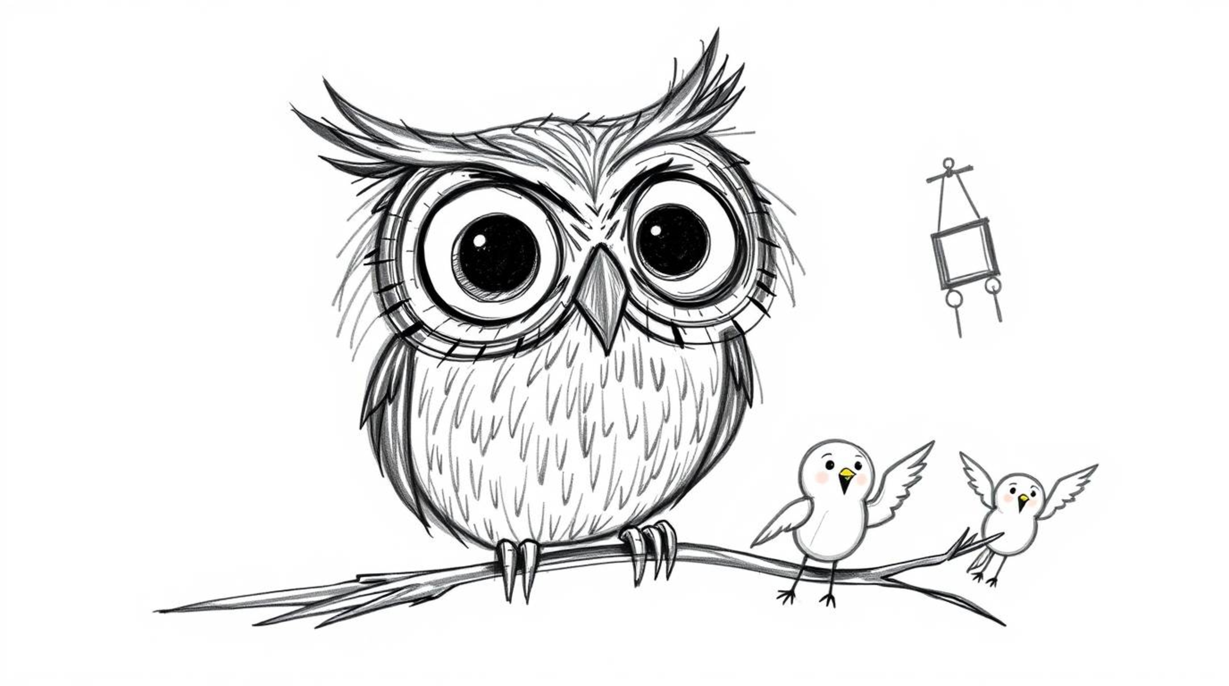 A hand-drawn sketch in Pixar style depicting a blind owl with large, expressive eyes, ingeniously teaching a flock of birds h