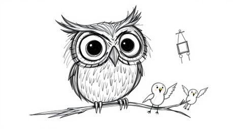 A hand-drawn sketch in Pixar style depicting a blind owl with large, expressive eyes, ingeniously teaching a flock of birds h