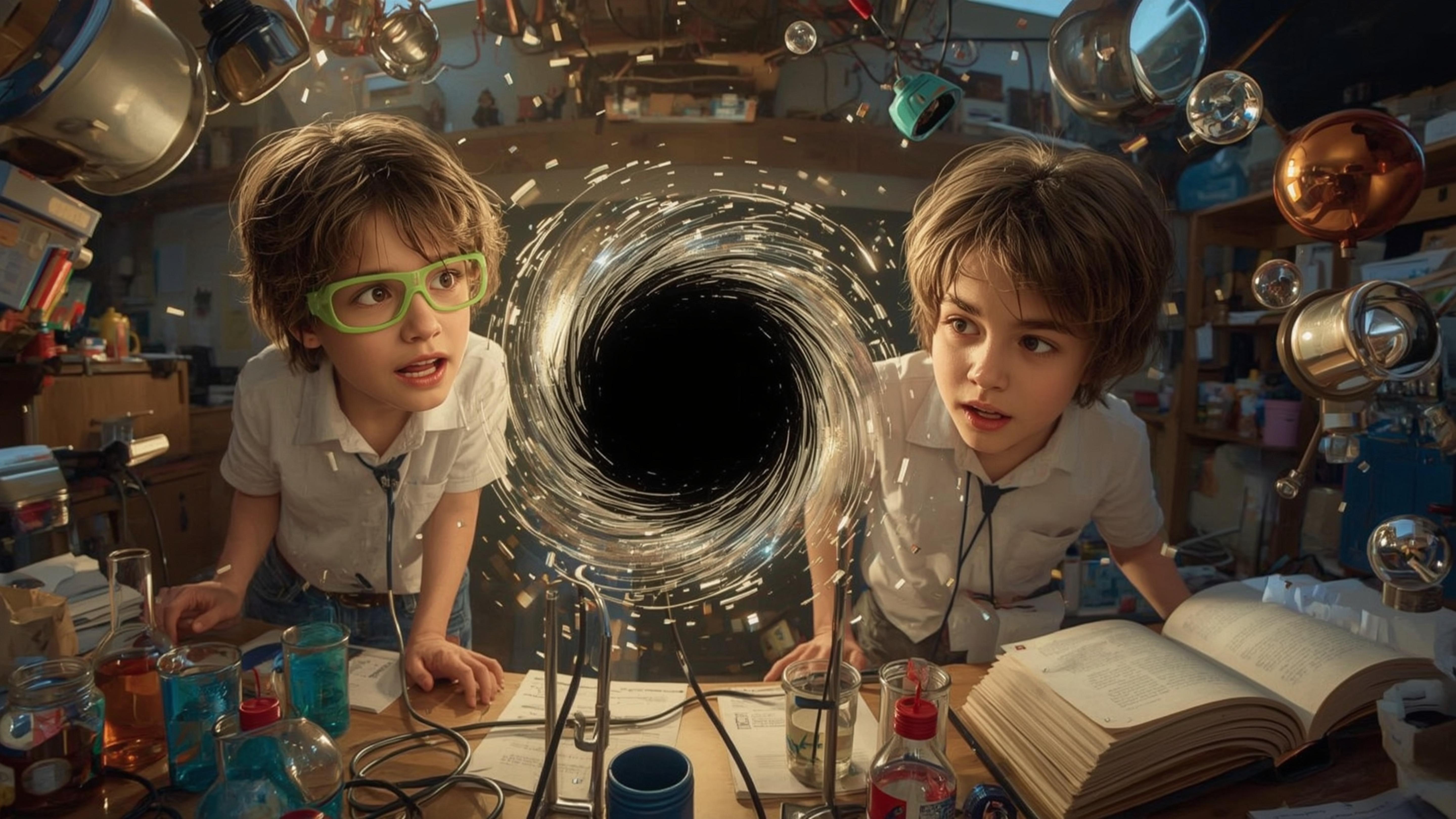 A highly detailed, cinematic photograph, reminiscent of Pixar's vibrant style, captures a dynamic duo of science fair student