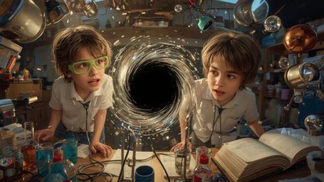 A highly detailed, cinematic photograph, reminiscent of Pixar's vibrant style, captures a dynamic duo of science fair student