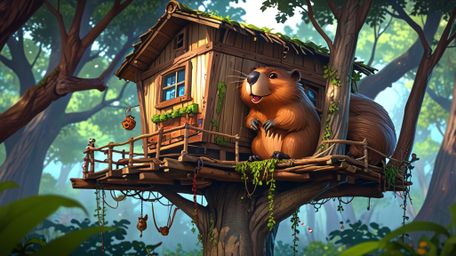 In a whimsical scene that blends the styles of Pixar and anime, a beaver is depicted building the perfect treehouse for orpha