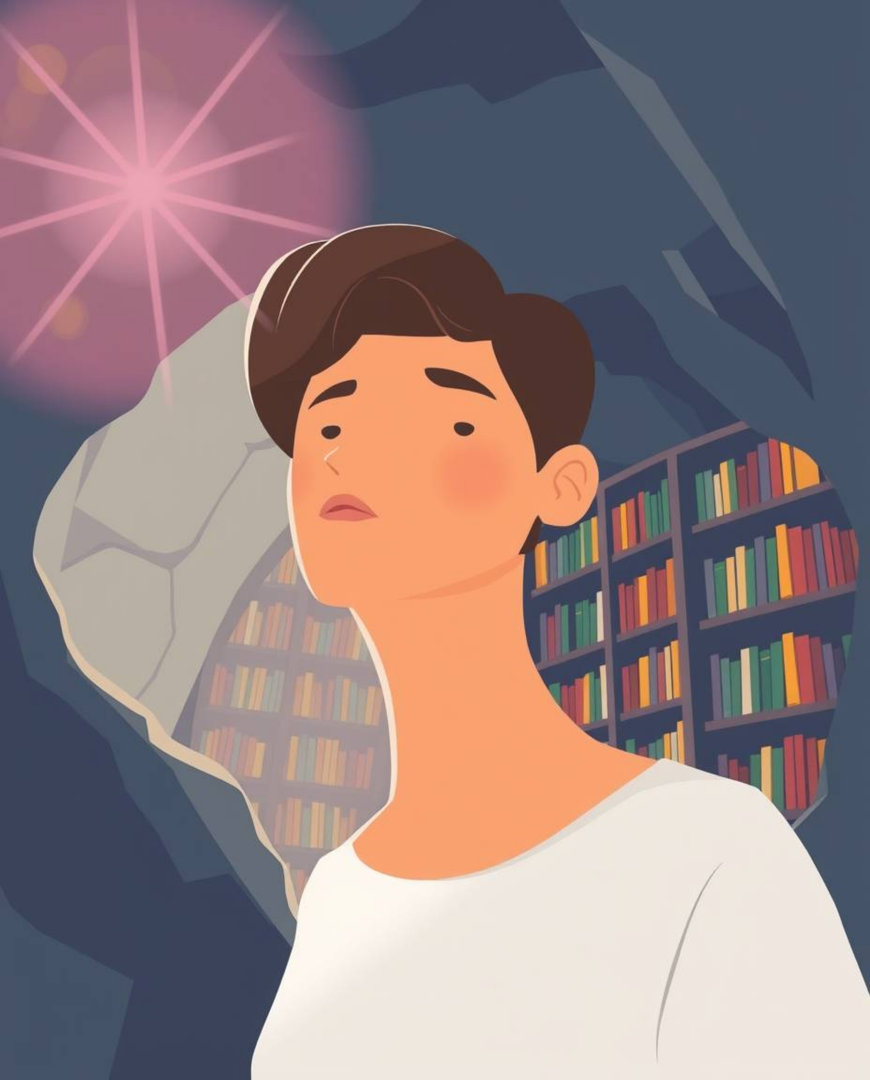 Explore a modern flat design with a soft and dreamy atmosphere, depicting a person with simplified features and a medium skin