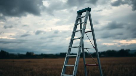 This collection features candid street photography capturing minimalist scenes. Images depict a silver ladder in an open fiel