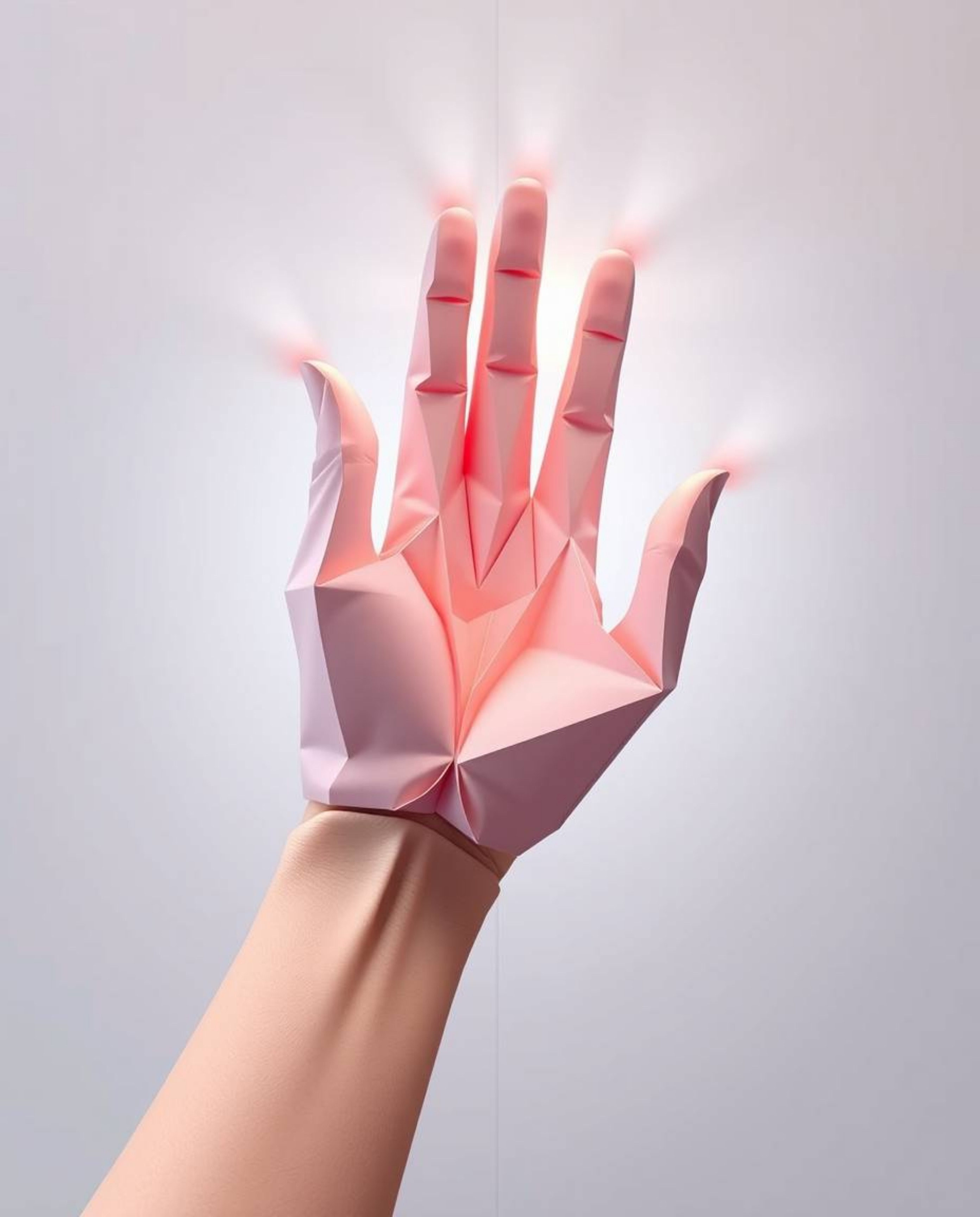 This artwork features an intricate origami-style illustration, depicting a hand reaching towards the light from darkness. The