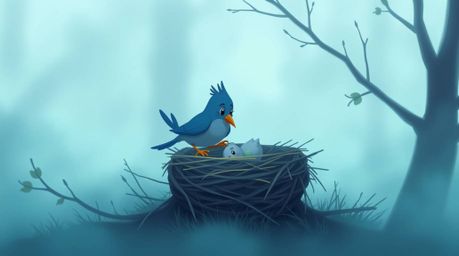 A digital painting in a classic animation style showcasing two cartoon birds diligently building their nest amidst a thick, e