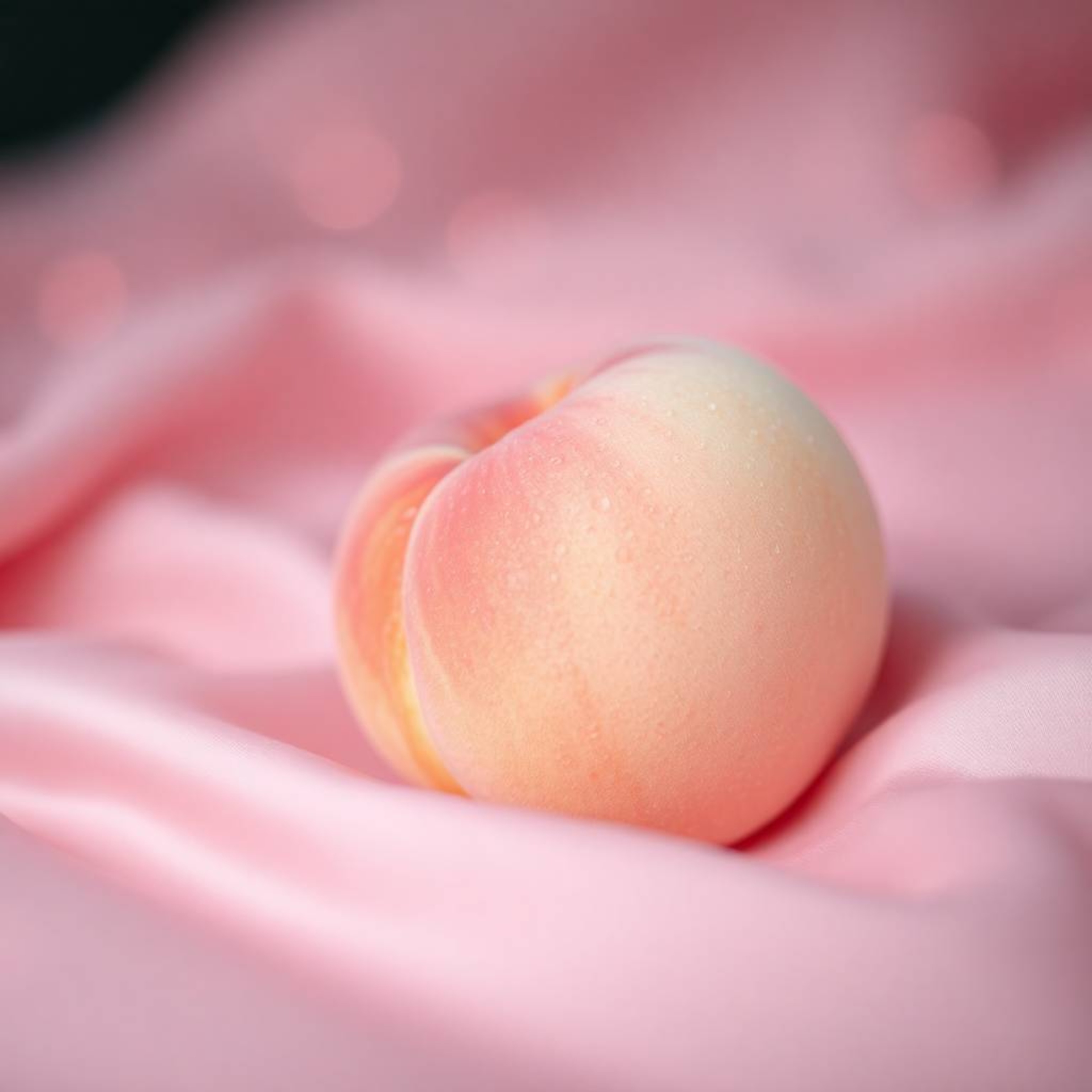 High-angle close-up ASMR image featuring a soft, blushing pink peach resting on silky pastel pink fabric. The peach showcases
