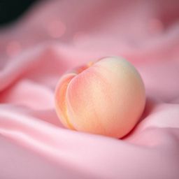 High-angle close-up ASMR image featuring a soft, blushing pink peach resting on silky pastel pink fabric. The peach showcases