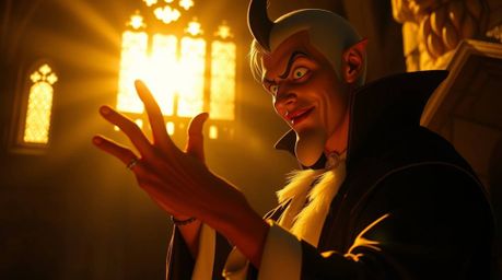 Capture the essence of a classic Disney villain bathed in a warm golden glow. This photography portrays a tanned villain cast
