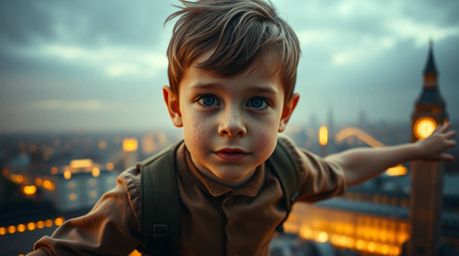 This collection features a series of captivating fine art photographs centered around a young boy with freckles soaring above