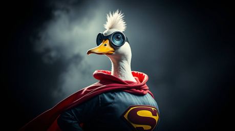 This digital photograph captures a duck in a wildly imaginative superhero costume, utilizing high contrast and low key lighti