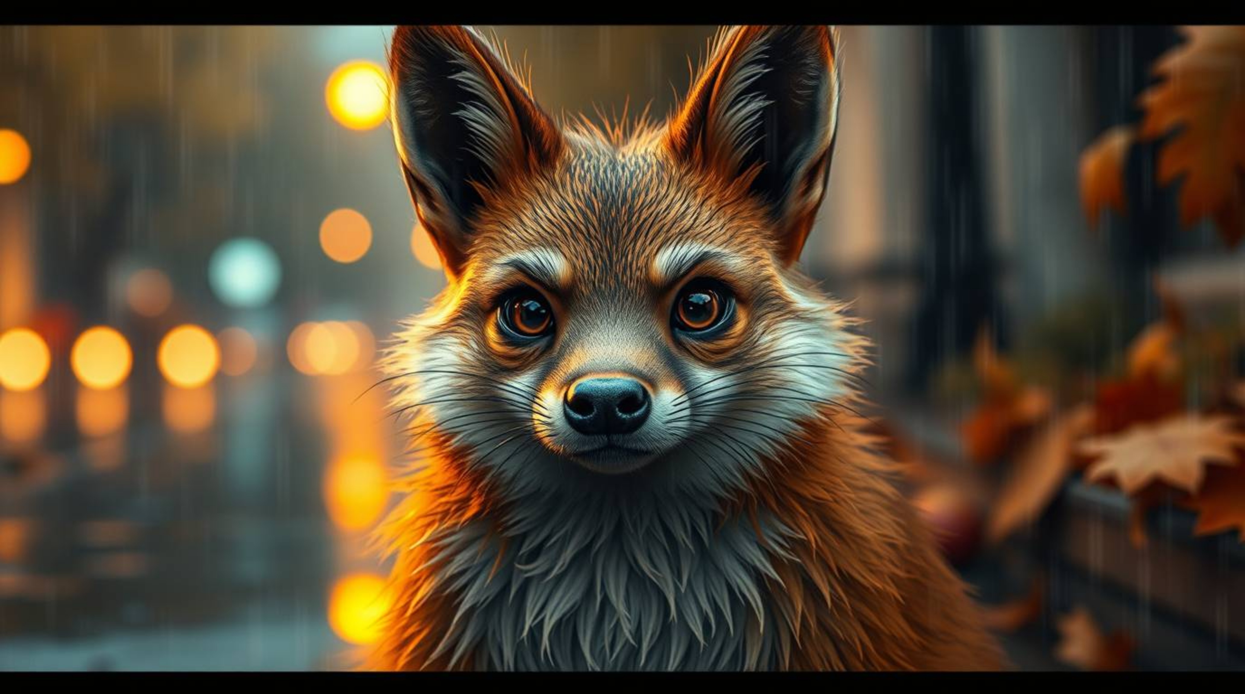Immerse yourself in a warm autumnal rainy scene featuring earthy tones and reflective puddles. A sarcastic animal sidekick wi