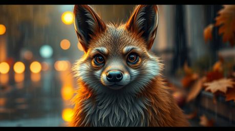 Immerse yourself in a warm autumnal rainy scene featuring earthy tones and reflective puddles. A sarcastic animal sidekick wi