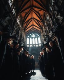 A captivating low-angle perspective captures the essence of a magical school brimming with young wizards, where strong, hard 