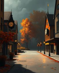 A captivating digital painting depicts an empty town square bathed in warm autumnal hues.  The artwork features striking chia