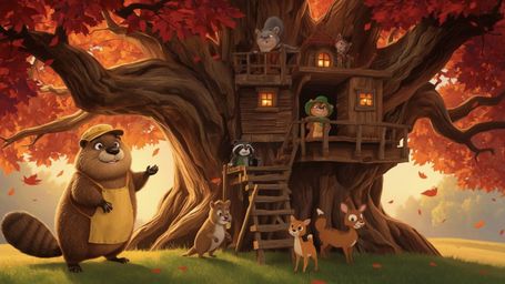 A high-resolution stock photo captures a charming, Pixar-esque beaver with a kind smile, wearing a carpenter's hat and apron,