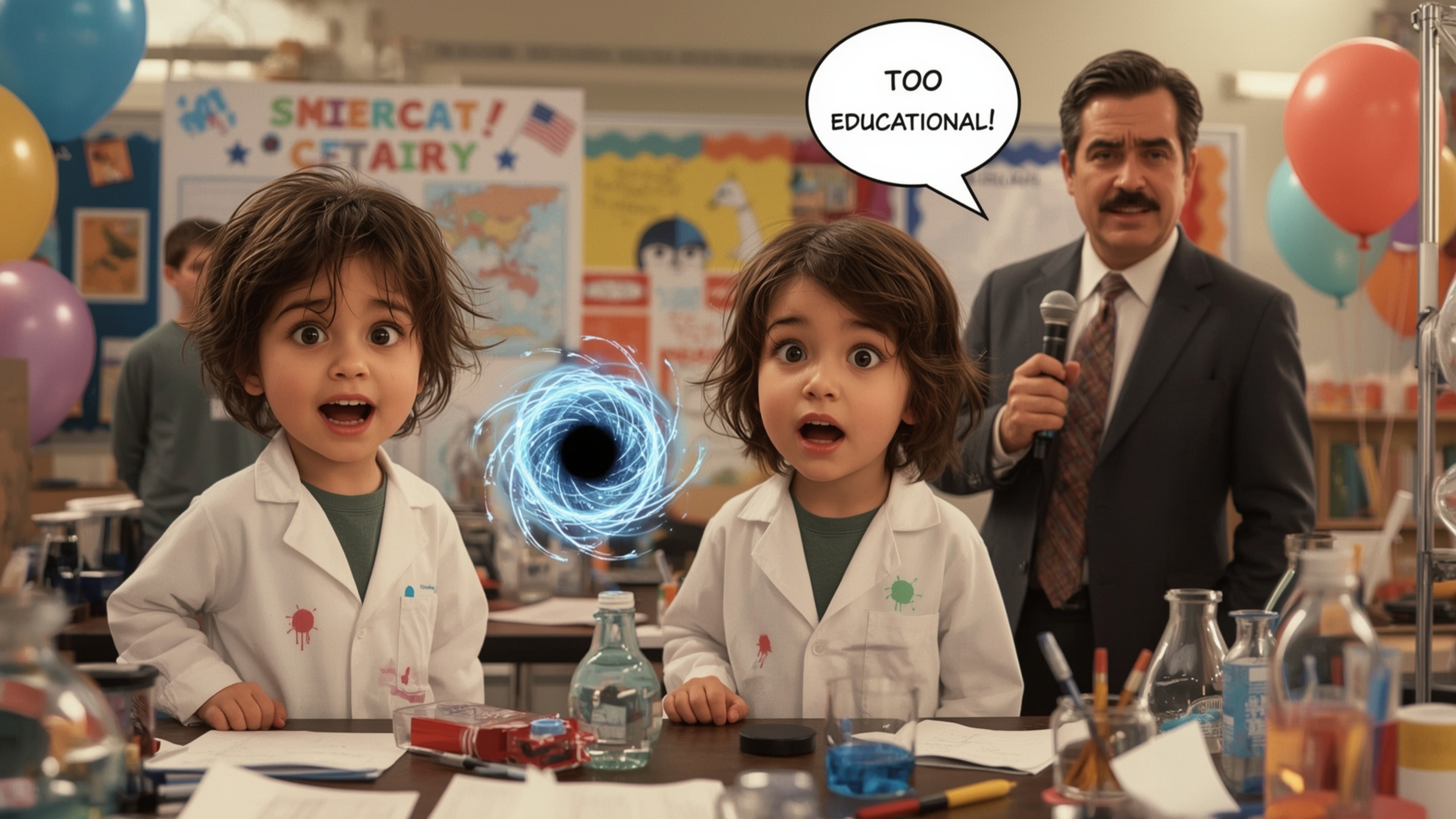 In a vibrant, cinematic photograph rendered in a hyper-realistic, Pixar-inspired style, a dynamic science fair duo unwittingl